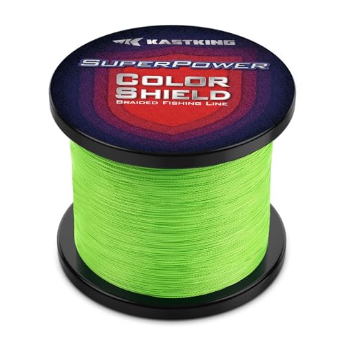 KastKing Superpower ColorShield Braided Fishing Line - Colorfast Braided Line, 100% Solution Dyed UHMWPE Fiber, Smooth & Strong Superline, Near Zero Stretch, Sensitive, High Abrasion Resistance - color: X4-Neon Green, size: 20LB-(500yds）