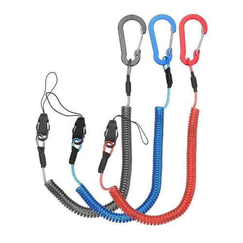 PATIKIL Coiled Lanyards with Buckle Retractable Safety Ring and Quick Release Detachable Buckle for Fishing Equipment - color: Black/Red/Blue, size: 59 Inch