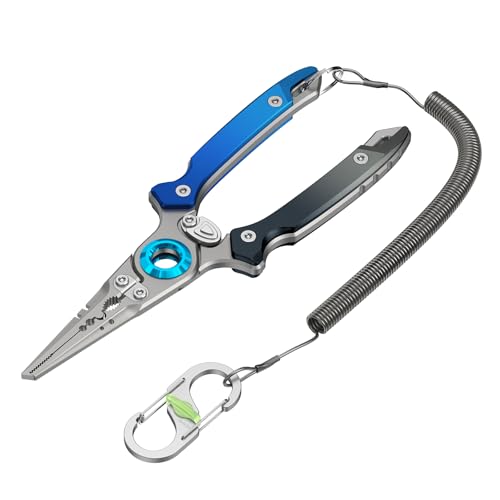 KEXMO 17-4 Stainless Steel Fishing Pliers, Anti-Twist Saltwater Hook Remover Tool, 7.17" Split Ring Pliers with Tungsten Cutters, Lightweight Aluminum Scales, Luminous Locking S-Carabiner - color: Blue