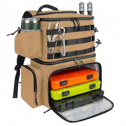 MATEIN Fishing Backpack, Water Resistant Tackle Storage Bag with Rod Holders & Cooler, Fishing Gifts for Men - color: Khaki