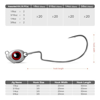 OJY&DOIIIY Fish Eye Swimbait Jig Heads, 12/20 Pack Weighted Hooks for Texas Rig or Ned Rig Fishing 1/8 3/16 1/4 3/8 oz - style: 1/8oz, 3/0, 20 Pack