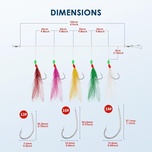 10 pcs Mackerel Feathers Rigs Saltwater, Pre-Tied Sea Fishing Bait Rigs with Luminous Colorful Feathers/Luminous Beads Bionic Flying Insects, Lure Rigs for Mackerel, Pollock, Cod, Bass - size: Hook Size 16, style: Style 2