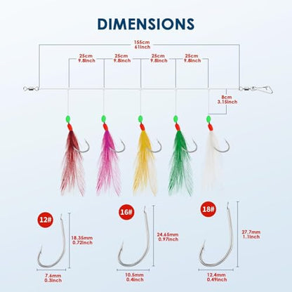 10 pcs Mackerel Feathers Rigs Saltwater, Pre-Tied Sea Fishing Bait Rigs with Luminous Colorful Feathers/Luminous Beads Bionic Flying Insects, Lure Rigs for Mackerel, Pollock, Cod, Bass - size: Hook Size 18, style: Style 2