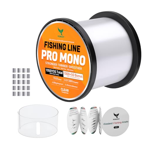 Monofilament Fishing Line with Knot Guide Card, Tangle-Free Snap Ring for No More Mess, Low Memory Smooth Casting Nylon Mono String, 15/20/30/50/80LB, 220-1050 Yards - color: Clear, size: 15LB 1050Yards