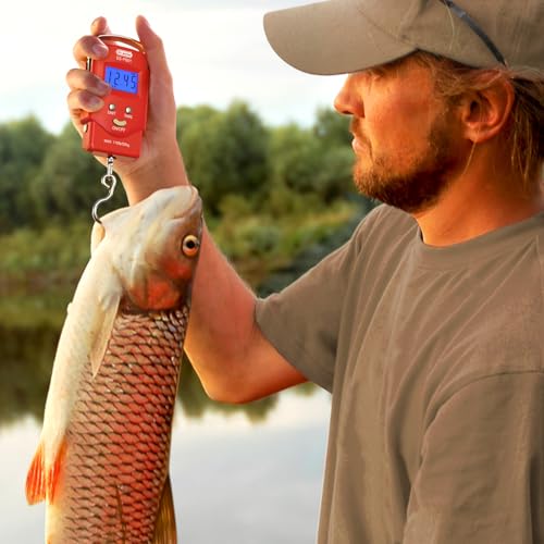 Dr.meter Fish Scale Luggage Scale Fishing Gear - 110lb Backlit LCD Display Digital Scale with Built-in Measuring Tape - Fishing Scale with 2 AAA Batteries, Pocket Size - Fishing Gifts for Men - color: Red