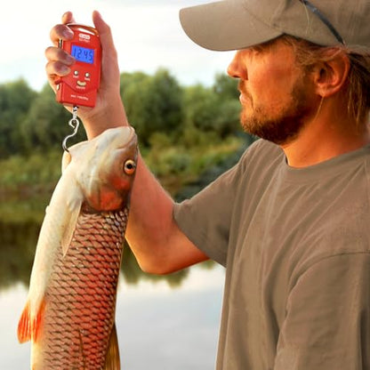 Dr.meter Fish Scale Luggage Scale Fishing Gear - 110lb Backlit LCD Display Digital Scale with Built-in Measuring Tape - Fishing Scale with 2 AAA Batteries, Pocket Size - Fishing Gifts for Men - color: Red