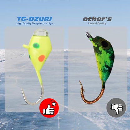 Tungsten Jigs, 18/27Pcs Tungsten Ice Fishing Jigs Kit for Panfish 3.2/4/5mm Glow in Dark Teardrop Ice Fishing Lure Jigs with Two-Sided Jig Box Assortment