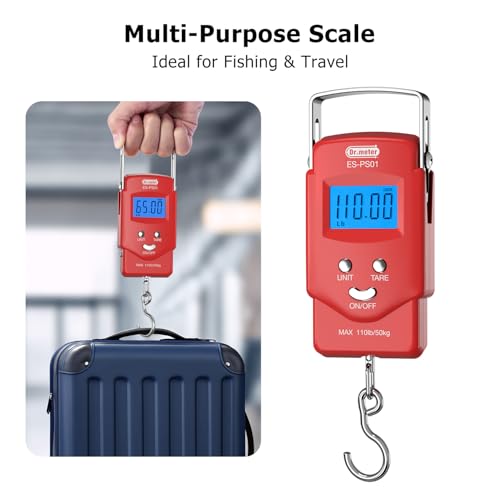 Dr.meter Fish Scale Luggage Scale Fishing Gear - 110lb Backlit LCD Display Digital Scale with Built-in Measuring Tape - Fishing Scale with 2 AAA Batteries, Pocket Size - Fishing Gifts for Men - color: Red