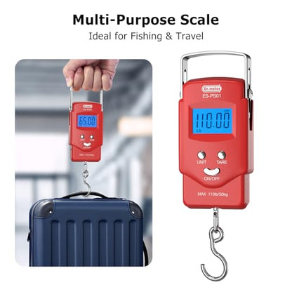 Dr.meter Fish Scale Luggage Scale Fishing Gear - 110lb Backlit LCD Display Digital Scale with Built-in Measuring Tape - Fishing Scale with 2 AAA Batteries, Pocket Size - Fishing Gifts for Men - color: Red