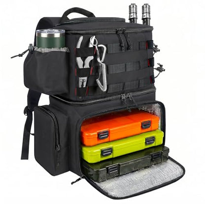 MATEIN Fishing Backpack, Water Resistant Tackle Storage Bag with Rod Holders & Cooler, Fishing Gifts for Men - color: Black