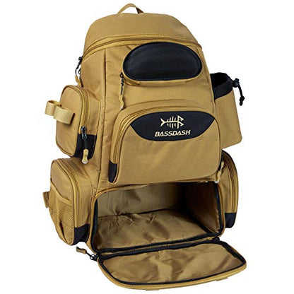BASSDASH Fishing Tackle Backpack Water Resistant Tactical Bag Soft Tackle Box with Rod Holder and Protective Rain Cover - color: British Khaki Backpack [3600] Without Trays