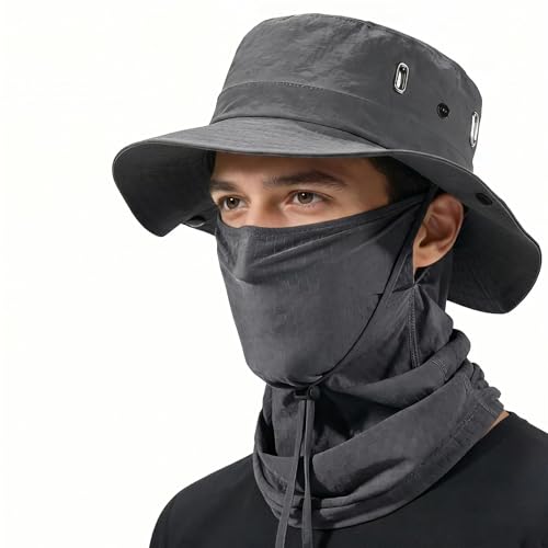 Fishing Hat with Summer Breathable Neck Gaiter, Wide Brim Sun Hat for Men & Women, Outdoor UV Sun Protection Hat & Face Mask - color: Dark Grey