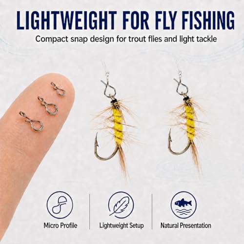 Fly Fishing Snaps 100pcs - Stainless Steel Quick Change Fly Clips, No Knot Fly Fishing Snap Connectors for Trout Flies, Jigs, Hooks, Tippet Leader and Lightweight Lures - size: S- 2.8X7.0mm