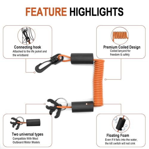 Floatable Boat Kill Switch Lanyard with Backup Key & Flotation Foam - color: Orange