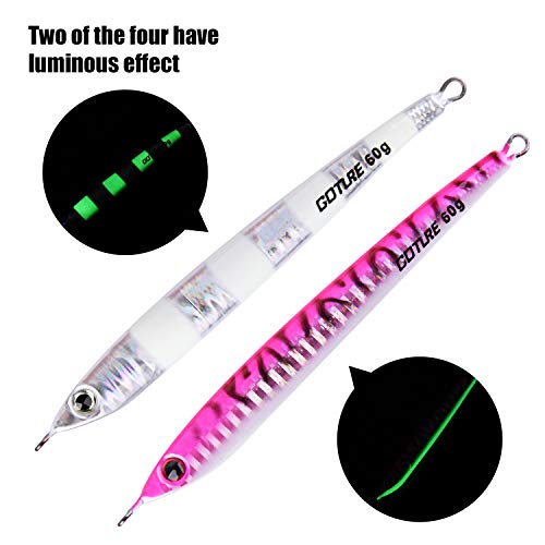 Goture Fishing Jigs Saltwater 60g-200g with Assist Hook, Glow Vertical Jigs, Speed Fast Lead Jig Sea Fishing Jigging Spoon Lures for Tuna, Salmon, Sailfish, Striped bass, Grouper Snapper, Kingfish - color: M1:4PCS Multi Colors Jigs with Cardboard Tube, si