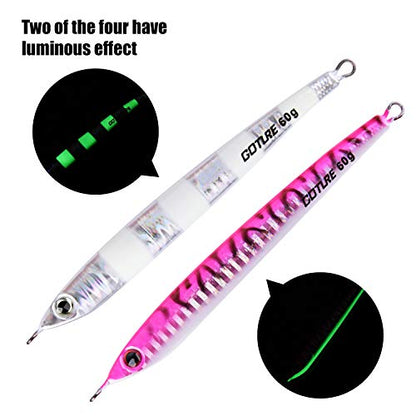 Goture Fishing Jigs Saltwater 60g-200g with Assist Hook, Glow Vertical Jigs, Speed Fast Lead Jig Sea Fishing Jigging Spoon Lures for Tuna, Salmon, Sailfish, Striped bass, Grouper Snapper, Kingfish - color: M1:4PCS Multi Colors Jigs with Cardboard Tube, si
