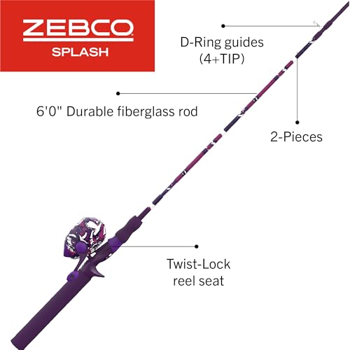 Zebco Splash Spincast Reel and Fishing Rod Combo, Fiberglass Rod, Ball Bearing System, All Metal Gears, 8-Pound Line - color: Tidepool Purple