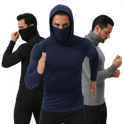 3 Pack Mens Sun Protection Fishing Hoodie with Face Mask UPF 50+ Long Sleeve Compression Work Shirt Quick Dry - color: Compression-3pack--black+blue+grey, size: Large