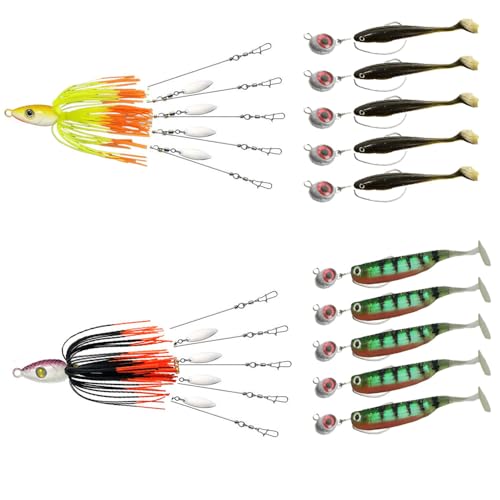 Alabama Rig Kit,2 Sets Umbrella Rig Fishing Lure Kit with Jig Heads and Trailers,5 Arms Fishing Umbrella Rigs Swimbait Lure for Trout Salmon Bass