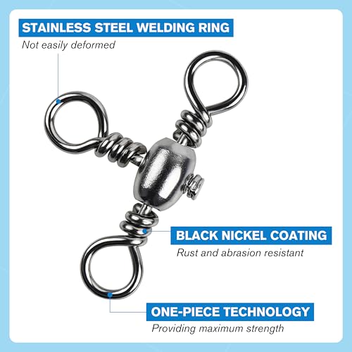 OROOTL 3 Way Swivel Fishing Tackle, 30 Pack Crossline Barrel Swivels Stainless Steel T-Turn Three Way Fishing Swivels Black Nickel Triple Swivel for Catfish Rig Saltwater Freshwater - size: 6#-30PCS