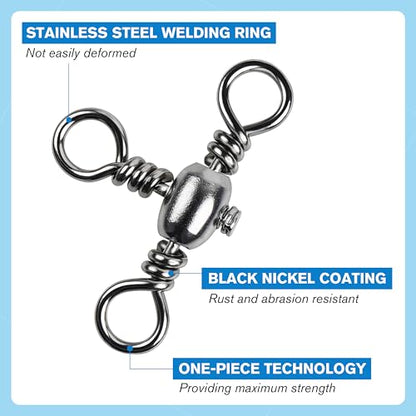 OROOTL 3 Way Swivel Fishing Tackle, 30 Pack Crossline Barrel Swivels Stainless Steel T-Turn Three Way Fishing Swivels Black Nickel Triple Swivel for Catfish Rig Saltwater Freshwater - size: 5#-30PCS