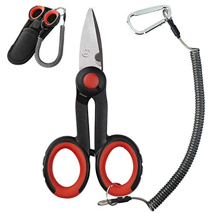 BXIO Fishing Scissors with Fishing Lanyard and Nylon Sheath, Braided Line Tools, Heavy Duty Anti-Slip Fiber Cable Cutter, Stainless Steel Fishing Pliers Scissors with Grinding Hook Tool - color: Black Red