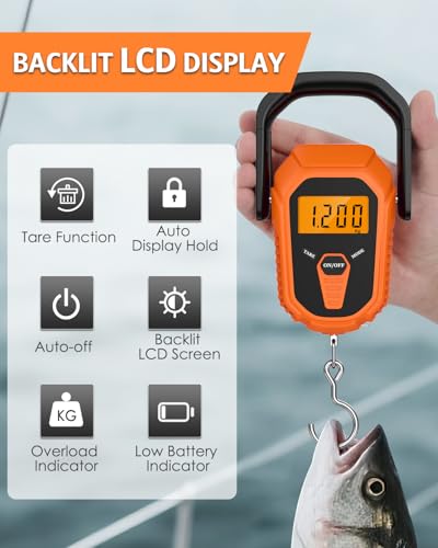 Digital Fishing Scale with Lip Gripper & Tape Measure, 110lb/50kg Waterproof Fish Weight Scale with LCD Display, Hanging Fish Weigher for Bass Fishing & Boat, Perfect Fishing Gifts for Men - color: Orange