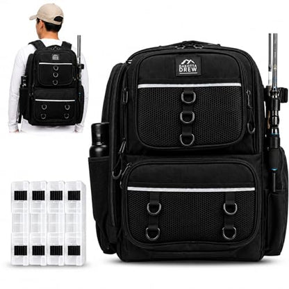 Fishing Backpack with Rod Holders and 4 Tackle Boxes, Waterproof Large Tackle Bag with 6 Pockets, Adjustable Dividers, Reinforced Base, Back Pack with Storage Boxes for Fishing Gear