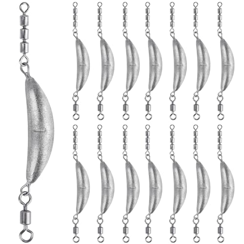 THKFISH Fishing Spin Sinker，Crescent Sinker with 3 Roller Swivels Fishing Sinker Drop Shot Weights Fishing Weights Kit Inline Trolling Sinkers,Torpedo Sinkers Saltwater Freshwater,1/2-6OZ, sliver - size: 1OZ