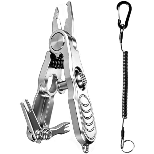 Fishing Line Cutter, Split Ring Opener, Retractable Lanyard, Compact Pliers | For Braided, Mono & Fluoro Lines, Knot Tying Aid, Stainless Steel, Non-Slip, Safety Lock, 3.5 Inches, Hook Cleaner, Rustproof
