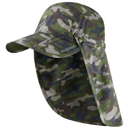 BASSDASH UPF 50+ Foldable Fishing Hat Baseball Cap with Removable Neck Flap Portable for Men Women Golf Hiking - color: Army Green Camo With Foldable Brim