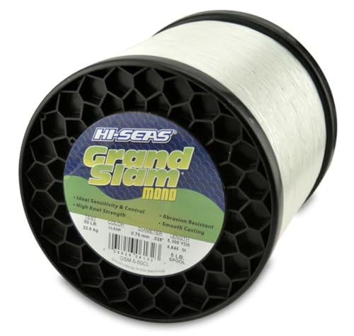 HI-SEAS Grand Slam Monofilament Fishing Line - Strong & Abrasion Resistant in Clear, Pink, Green, Smoke Blue, Fluorescent Yellow Freshwater & Saltwater - 5 lb Spool - color: Clear, style: 50 Lb Test, 0.70 Mm Dia, 5300 Yd