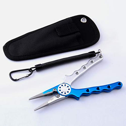 Professional Saltwater/Fresh Water Aluminum Fishing Pliers Tungsten Carbide Cutters Hook Remover with Sheath and Lanyard - color: Blue