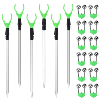 6 Packs Extendable Fishing Rod Holder for Ground Rack, Adjustable Fishing Pole Holders Spike Stand with 12 Alarm Bells Telescopic for Bank Sand Beach