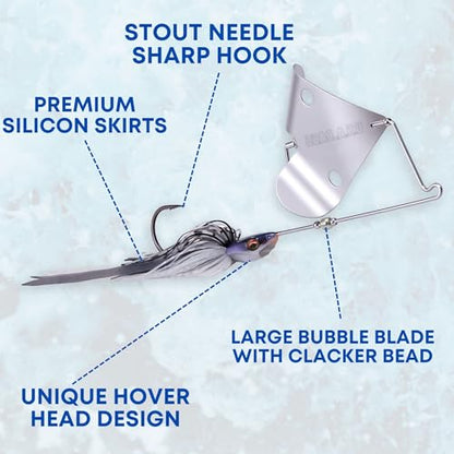 USA BASS Tackle Stiletto Buzzbait Largemouth Smallmouth Spotted Bass Premium Fishing Bait Hover Head Custom Silicon Skirt Mega Bubble Blade Clacker Heavy Duty Hook - color: Red Herring