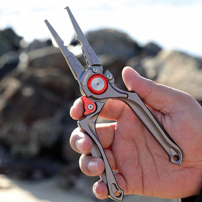 SAMSFX Fishing Pliers, Muti-Function Fly Fishing Tools, 8" Saltwater Resistant Gear Hook Remover Split Ring Tungsten Cutters, with Lanyard & Sheath - color: Red Fishing Pliers with Dehooker