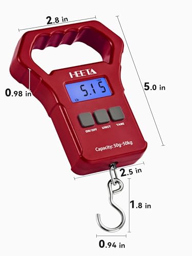 HEETA Fish Scale, 110lb/50kg Digital Portable Hanging Fishing Weight Scale with Backlit LCD Display, Luggage Scale with Hook, Non-Slip Large ABS Handle & 2 AAA Batteries, Fishing Gifts Gear for Men - color: Red
