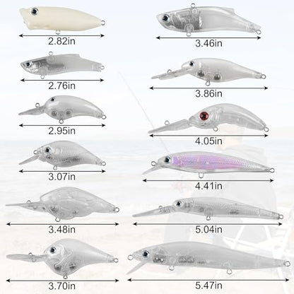 Blank Fishing Lure Kit,Unpainted Popper Plug Lures DIY Crank Bait Set Fishing Pliers Treble Hooks 3D/4D Lure Eyes Bait Sticker Split Rings,Fish Tackle Accessories Kits - color: Lure Kit-12pcs