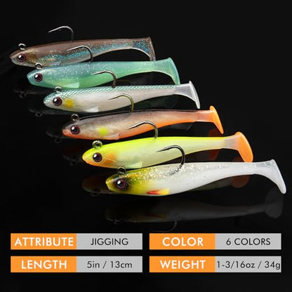 TRUSCEND Shadtale Easy Catch Soft Fishing Lures with BKK Hooks - Trembly Sinking and Vibrating Swim for More Bites, Pre-Rigged Swimbaits for Bass, Trout, Crappie, Walleye, Freshwater Saltwater Fishing - color: 5",1.2oz