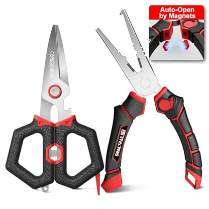 SNAIL TRAIL 7" Fishing Pliers & 6" Scissors Kit, Saltwater Hook Remover Tool Set, Serrated Blades Braided Line Cutter, Needle Nose Split Ring Fish Gear, Crimping Nipper for Fly, Fishing Gifts for Men