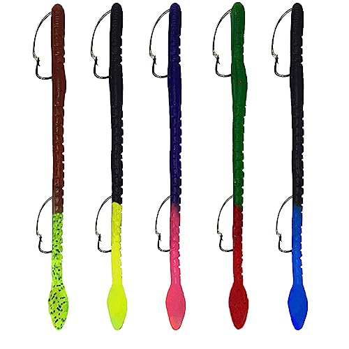 Delong Lures Fishing Lures Bass Set, 10" Pre-Rigged Weedless Swim Bait, Twister Tail Bass Fishing Lures, Extra Durable Soft Plastic Baits for Freshwater - 5 pcs Bass Baits and Lures Pack, Made in USA - color: Turbo Worm Variety