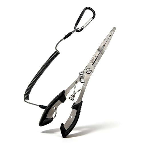Professional 8.4“ Fishing Plier with Safety Lock and Anti Loss Rope | Multi-function long nose hook remover, line cutter, crimper; rustproof stainless steel for saltwater & freshwater fishing