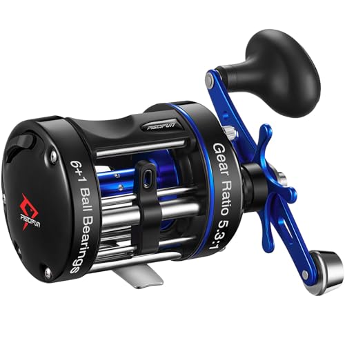 Piscifun Chaos XS Baitcasting Fishing Reel, Reinforced Metal Body Round Baitcaster Reel, Smooth Powerful Saltwater Inshore Surf Trolling Reel, Conventional Reel for Catfish, Musky, Bass, Pike - color: Blue, style: 50 Left Hand Retrieve