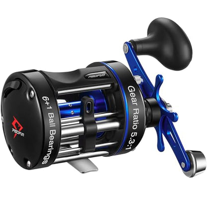 Piscifun Chaos XS Baitcasting Fishing Reel, Reinforced Metal Body Round Baitcaster Reel, Smooth Powerful Saltwater Inshore Surf Trolling Reel, Conventional Reel for Catfish, Musky, Bass, Pike - color: Blue, style: 50 Left Hand Retrieve