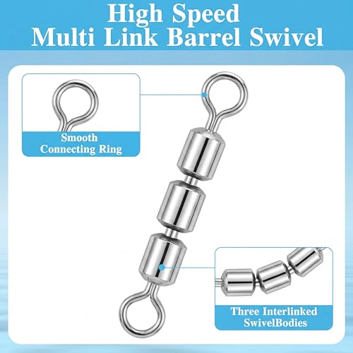 30 Pcs Fishing Swivels 3 Roller Swivel Triple Connector Set 3 Bead Chain Barrel Swivels Fishing Tackle Trolling Rolling Leader Lure Connector 10 Sizes Salmon Walleye Freshwater