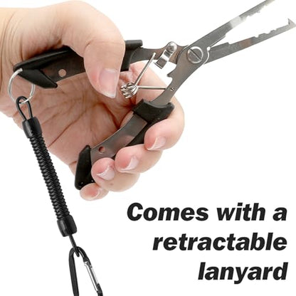 Stainless Steel Fishing Pliers with Braid Line Cutter and Split Ring Tip, Saltwater Resistant Fishing Tool for Men, Black, 7.8-Inch