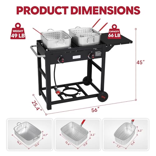 Feasto Outdoor Propane Deep Fryer with Movable Cart, 36 QT 2-Burner Stove | 100,000 BTU Total, 2 x 18QT Aluminum Pots, 1 x 18QT Basket & 2 x 9QT Frying Baskets, Portable Fryer for Fish, Fries & Chicken - size: 36 qt