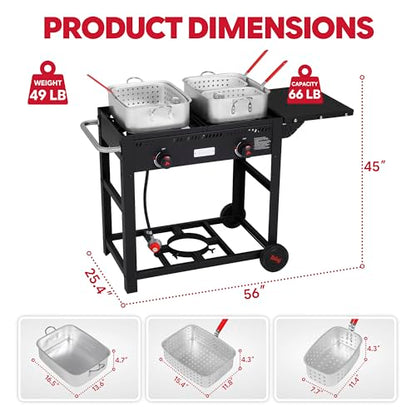 Feasto Outdoor Propane Deep Fryer with Movable Cart, 36 QT 2-Burner Stove | 100,000 BTU Total, 2 x 18QT Aluminum Pots, 1 x 18QT Basket & 2 x 9QT Frying Baskets, Portable Fryer for Fish, Fries & Chicken - size: 36 qt