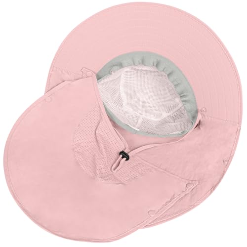 Rosoz Sun Hat for Men Women with Neck Flap,Wide Brim UPF50+ Fishing Hat with Detachable Face Cover Outdoor Sun Protection Hat - color: 1pack-pink