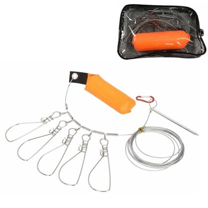 5m Stainless Steel Fish Stringer with 5 Buckle Snaps - Heavy Duty Orange Fishing Lock Cable for Sea, Ice, Kayak Fishing (5 Movable Snaps)